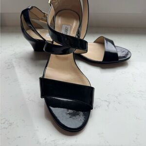 Jimmy Choo Black Patent Leather Strappy Mid-Heel Sandals